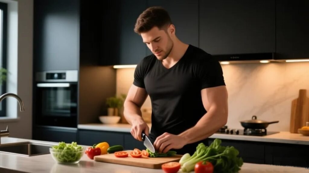 Homem preparando refeição saudável — alimentação e saúde hormonal masculina