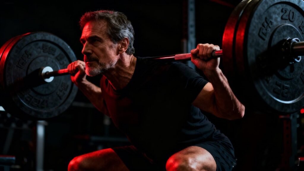 Treino de força para recuperar massa muscular e testosterona — agachamento com barra